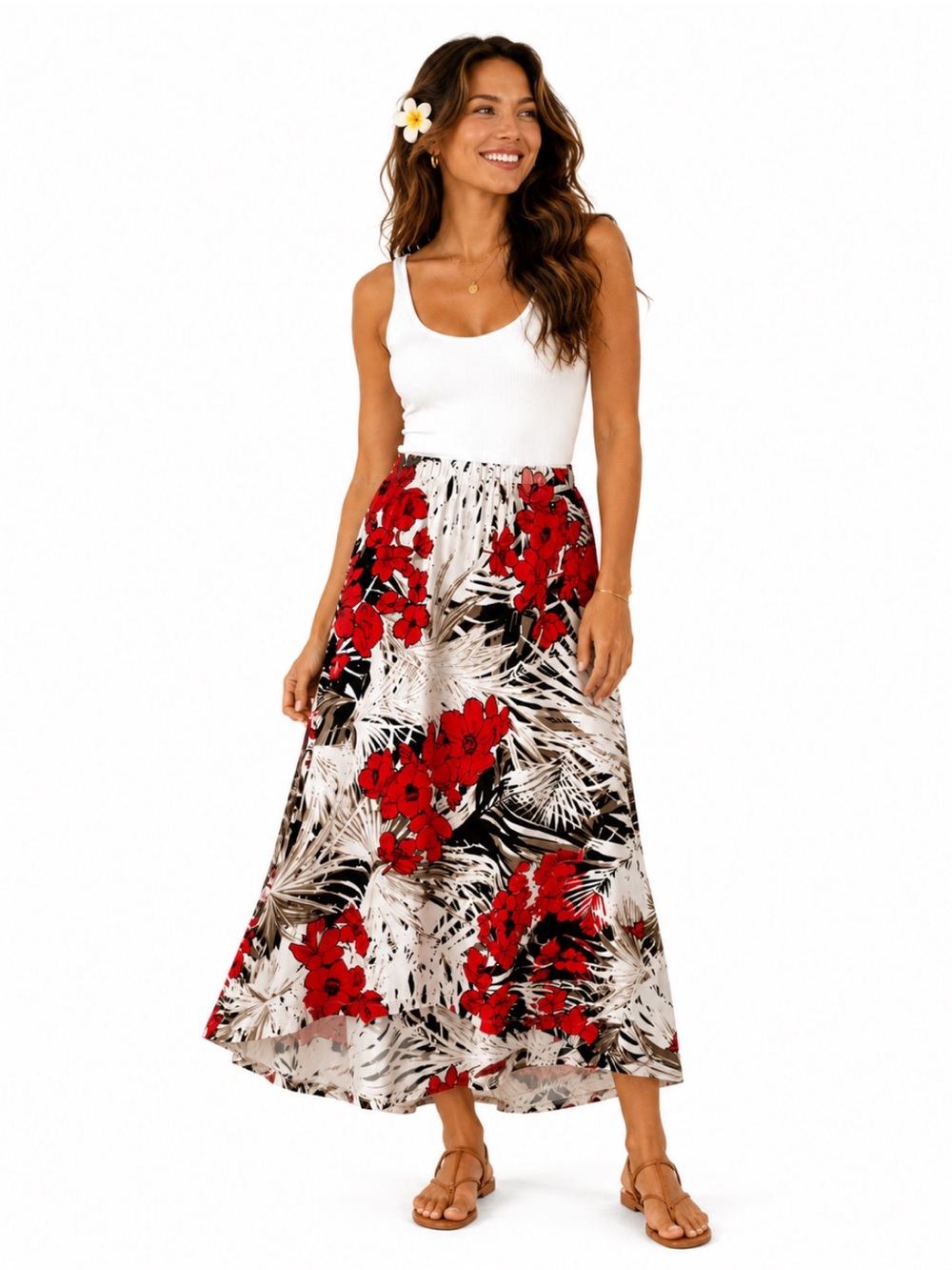 Chico’s Tropical Floral High Low Midi Skirt Size 1 Hawaiian Resort Vacation